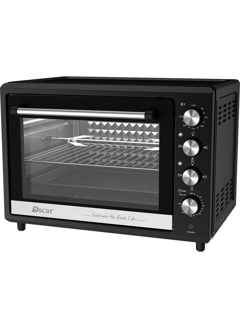 Oscar 45L Large Capacity Electric Oven - 1800W | Rotisserie & Convection Function with Inner Light | Double Glass Door & 120‑Minute Timer | 4 Knob Control with Bake Tray, Wire Rack & Accessories | OEO45L - 2 Year Warranty